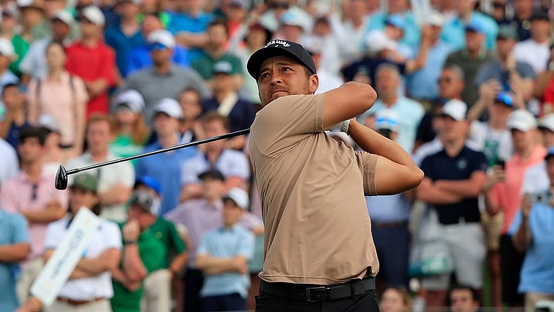 Xander Schauffele tees off hole 18 during the fourth and final round of The Players Championship PGA golf tournament Sunday, March 17, 2024 at TPC Sawgrass in Ponte Vedra Beach, Fla. Scottie Scheffler won at 20 under par and is the first defending champion in the 50 year history of the event. [Corey Perrine/Florida Times-Union]
