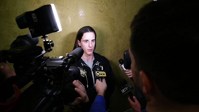 Iowa's Caitlin Clark talks to media after her team was seeded No. 1 in their region of the NCAA Division 1 women   s basketball tournament Sunday, March 17, 2024 in Iowa City, Iowa.