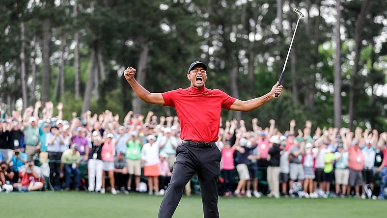 Tiger Woods celebrates winning the 2019 Masters during the final round of the Masters Tournament at Augusta National Golf Club, Sunday, April 14, 2019, in Augusta, Georgia. [ALLEN EYESTONE/FOR THE AUGUSTA CHRONICLE]