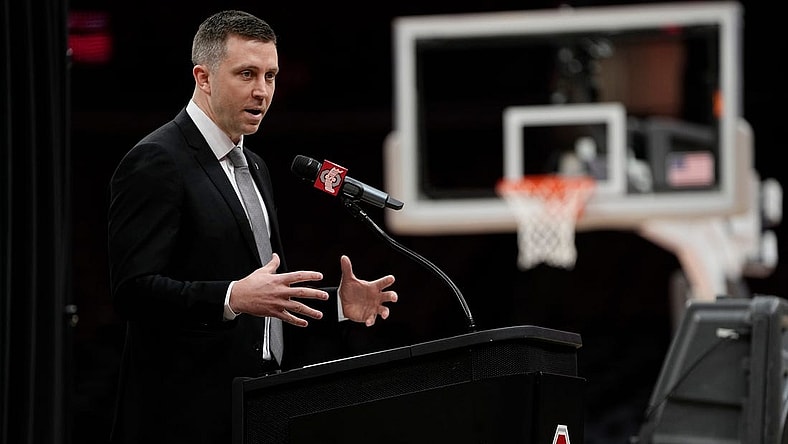 Mar 18, 2024; Columbus, OH, USA; Ohio State basketball head coach Jake Diebler speaks at his introductory press conference at Value City Arena.