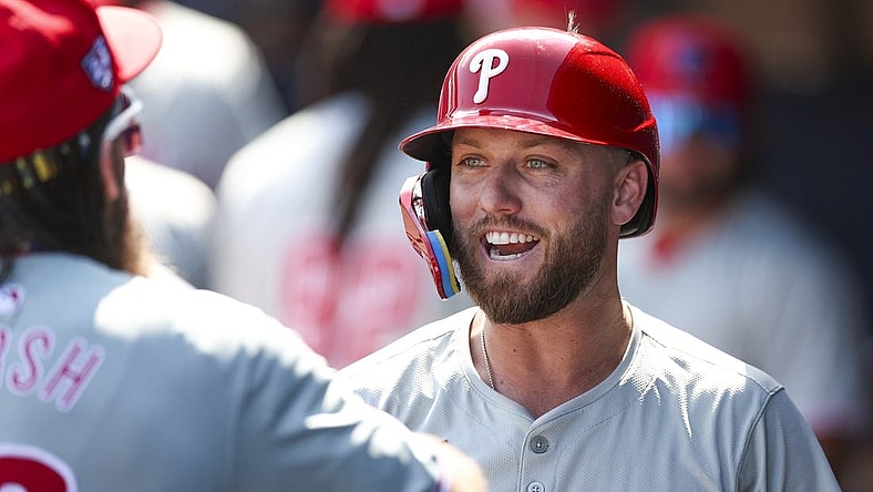 Mar 18, 2024; Tampa, Florida, USA;  Philadelphia Phillies second baseman Kody Clemens (2) celebrates after hitting a home run against the New York Yankees in the seventh inning at George M. Steinbrenner Field. Mandatory Credit: Nathan Ray Seebeck-USA TODAY Sports