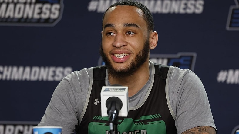 Mar 18, 2024; Dayton, OH, USA; Wagner Seahawks guard Tahron Allen (10) talk to the media during NCAA Tournament First Four Practice at UD Arena. Mandatory Credit: Rick Osentoski-USA TODAY Sports
