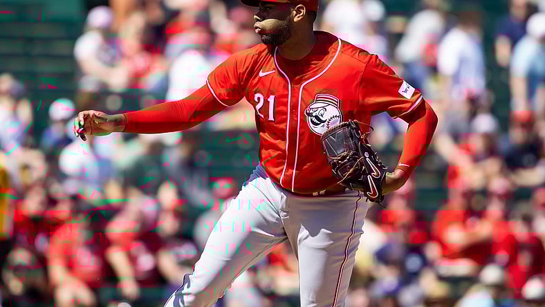 Mar 19, 2024; Tempe, Arizona, USA; Cincinnati Reds pitcher Hunter Greene against the Los Angeles Angels during a spring training game at Tempe Diablo Stadium. Mandatory Credit: Mark J. Rebilas-USA TODAY Sports