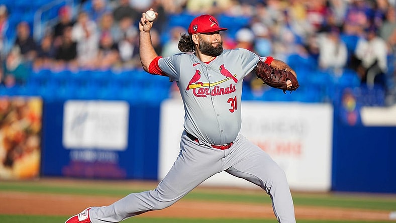 Mar 19, 2024; Port St. Lucie, Florida, USA; St. Louis Cardinals starting pitcher Lance Lynn (31) throws a pitch against the New York Mets during the first inning at Clover Park. Mandatory Credit: Rich Storry-USA TODAY Sports