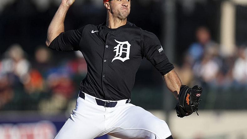 Mar 19, 2024; Lakeland, Florida, USA;  Detroit Tigers pitcher Jack Flaherty (45) throws a pitch against the Philadelphia Phillies in the first inning at Publix Field at Joker Marchant Stadium. Mandatory Credit: Nathan Ray Seebeck-USA TODAY Sports