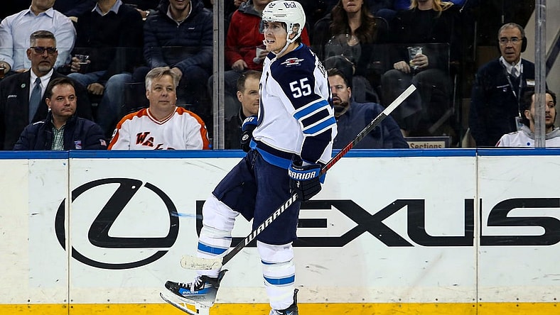 Mar 19, 2024; New York, New York, USA; Winnipeg Jets center Mark Scheifele (55) celebrates his second goal of the night against the New York Rangers during the second period at Madison Square Garden. Mandatory Credit: Danny Wild-USA TODAY Sports