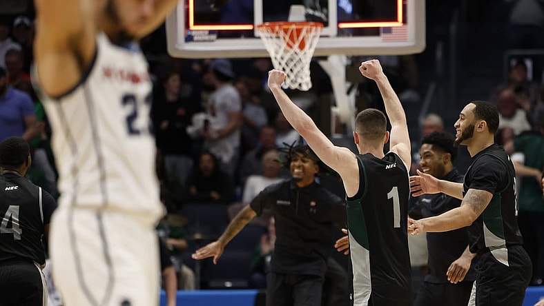 Mar 19, 2024; Dayton, OH, USA; Wagner Seahawks guard Javier Ezquerra (1) celebrates defeating the Howard Bison  at UD Arena. Mandatory Credit: Rick Osentoski-USA TODAY Sports
