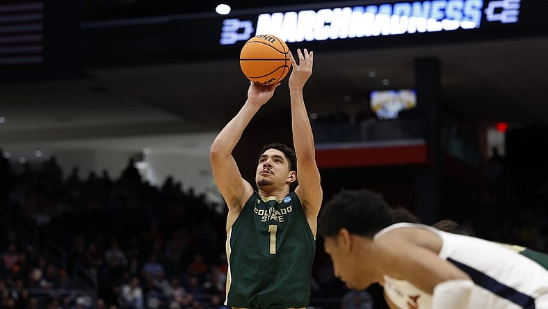 Mar 19, 2024; Dayton, OH, USA; Colorado State Rams forward Joel Scott (1) shoots a free throw in the second half against the Virginia Cavaliers at UD Arena. Mandatory Credit: Rick Osentoski-USA TODAY Sports