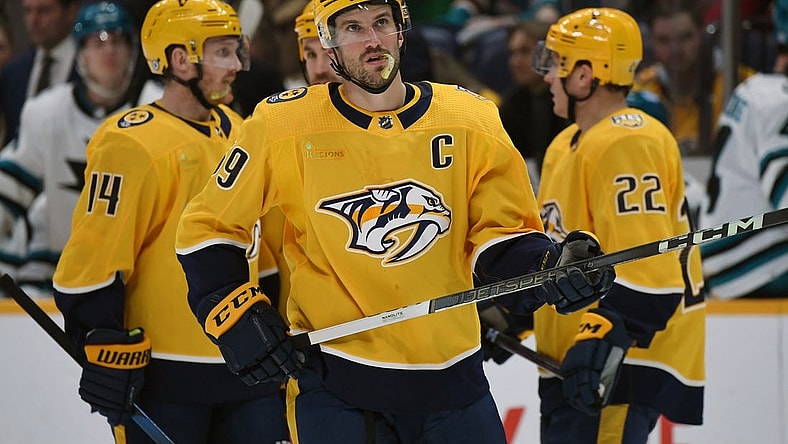 Mar 19, 2024; Nashville, Tennessee, USA; Nashville Predators defenseman Roman Josi (59) skates onto the ice for a power play during the third period at Bridgestone Arena. Mandatory Credit: Christopher Hanewinckel-USA TODAY Sports