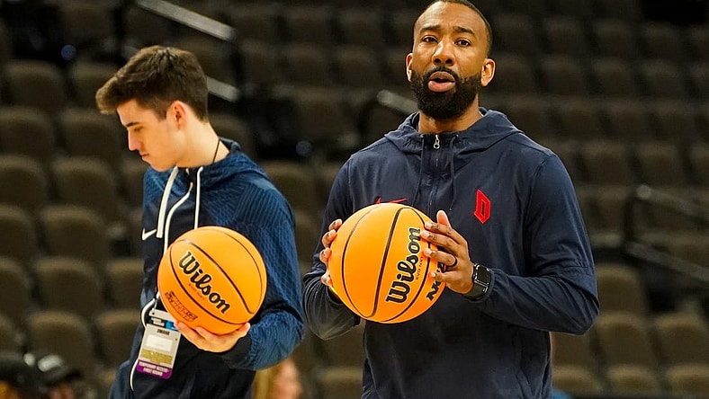 Mar 20, 2024; Omaha, NE, USA; Duquesne Dukes assistant coach Dru Joyce III talks to players during the NCAA first round practice session at CHI Health Center Omaha. Mandatory Credit: Dylan Widger-USA TODAY Sports
