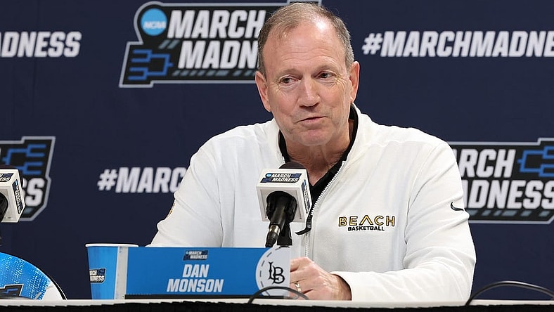 Mar 20, 2024; Salt Lake City, UT, USA; Long Beach State 49ers head coach Dan Monson addresses the media during the NCAA first round practice session at Delta Center. Mandatory Credit: Rob Gray-USA TODAY Sports