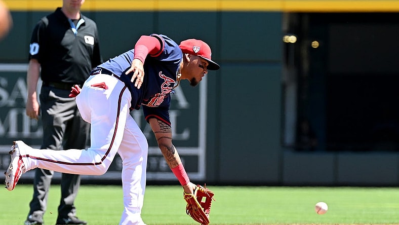 Mar 20, 2024; North Port, Florida, USA; Atlanta Braves shortstop Orlando Arcia (11) fields a ground ball in the second inning of a spring training game against the Toronto Blue Jays  at CoolToday Park. Mandatory Credit: Jonathan Dyer-USA TODAY Sports