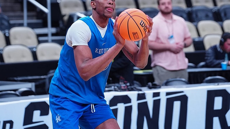 Mar 20, 2024; Pittsburgh, PA, USA; Kentucky Wildcats guard Adou Thiero (3) shoots the ball during the NCAA first round practice session at PPG Paints Arena. Mandatory Credit: Gregory Fisher-USA TODAY Sports