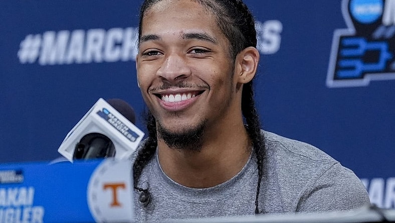 Mar 20, 2024; Charlotte, NC, USA; Tennessee Volunteers guard Zakai Zeigler (5) answers questions from the media during the NCAA first round practice session at Spectrum Center. Mandatory Credit: Jim Dedmon-USA TODAY Sports