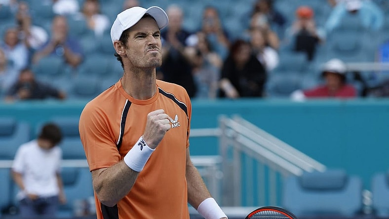 Mar 20, 2024; Miami Gardens, FL, USA; Andy Murray (GBR) celebrates after match point against Matteo Berrettini (ITA) (not pictured) on day three of the  Miami Open at Hard Rock Stadium. Mandatory Credit: Geoff Burke-USA TODAY Sports
