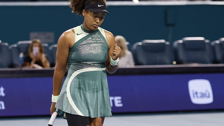 Mar 20, 2024; Miami Gardens, FL, USA; Naomi Osaka (JPN) reacts after match point against Elisabetta Cocciaretto (ITA) (not pictured) on day three of the  Miami Open at Hard Rock Stadium. Mandatory Credit: Geoff Burke-USA TODAY Sports