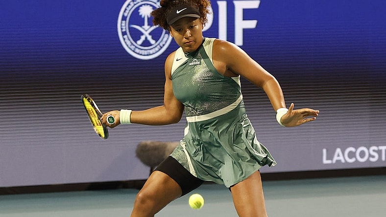 Mar 20, 2024; Miami Gardens, FL, USA; Naomi Osaka (JPN) hits a forehand against Elisabetta Cocciaretto (ITA) (not pictured) on day three of the Miami Open at Hard Rock Stadium. Mandatory Credit: Geoff Burke-USA TODAY Sports
