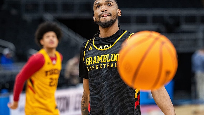 Mar 21, 2024; Indianapolis, IN, USA; Grambling State Tigers guard Jourdan Smith (11) during practice day at Gainbridge FieldHouse. Mandatory Credit: Trevor Ruszkowski-USA TODAY Sports