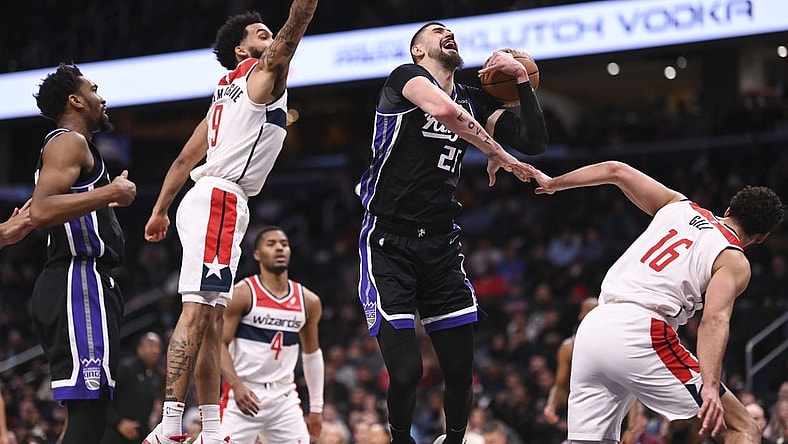 Mar 21, 2024; Washington, District of Columbia, USA;  a21 reacts after being fouled by Washington Wizards forward Anthony Gill (16) during the first half at Capital One Arena. Mandatory Credit: Tommy Gilligan-USA TODAY Sports