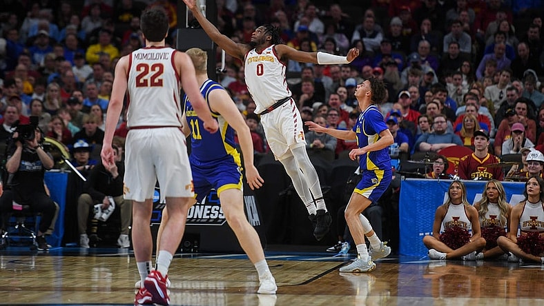 Iowa State Cyclones forward Tre King (0) jumps for the lay up during the second half on Thursday, March 21, 2024 at the CHI Health Center in Omaha, Nebraska.
