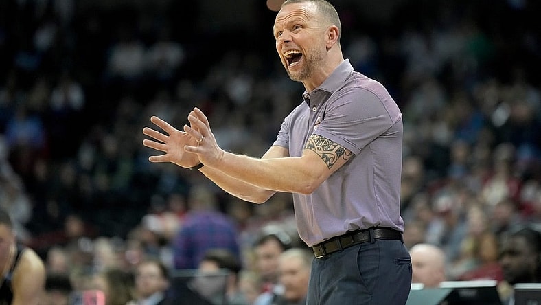 Mar 22, 2024; Spokane, WA, USA; Charleston Cougars head coach Pat Kelsey during the first half in the first round of the 2024 NCAA Tournament against the Charleston Cougars at Spokane Veterans Memorial Arena. Mandatory Credit: Kirby Lee-USA TODAY Sports
