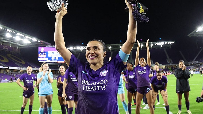 Mar 22, 2024; Orlando, Florida, USA;  Orlando Pride forward Marta (10) celebrates after second half against Angel City FC at Inter&Co Stadium. Mandatory Credit: Nathan Ray Seebeck-USA TODAY Sports