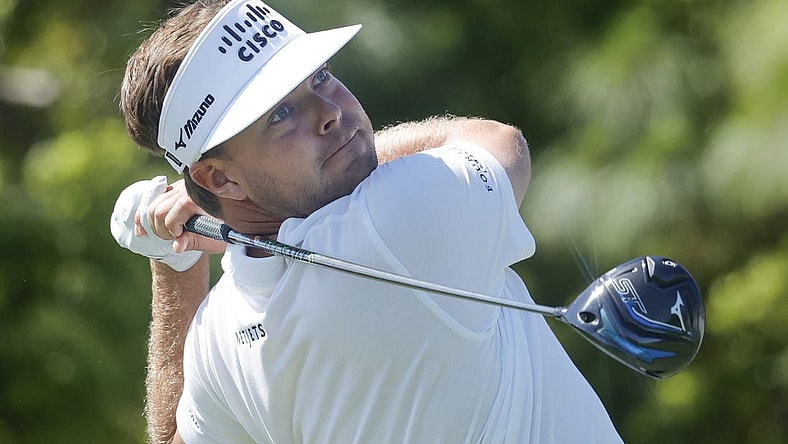 Mar 23, 2024; Palm Harbor, Florida, USA; Keith Mitchell plays his shot on the first tee during the third round of the Valspar Championship golf tournament. Mandatory Credit: Reinhold Matay-USA TODAY Sports