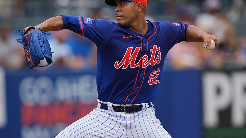Mar 23, 2024; Port St. Lucie, Florida, USA;  New York Mets starting pitcher Jose Quintana (62) pitches in the first inning against the Houston Astros at Clover Park. Mandatory Credit: Jim Rassol-USA TODAY Sports