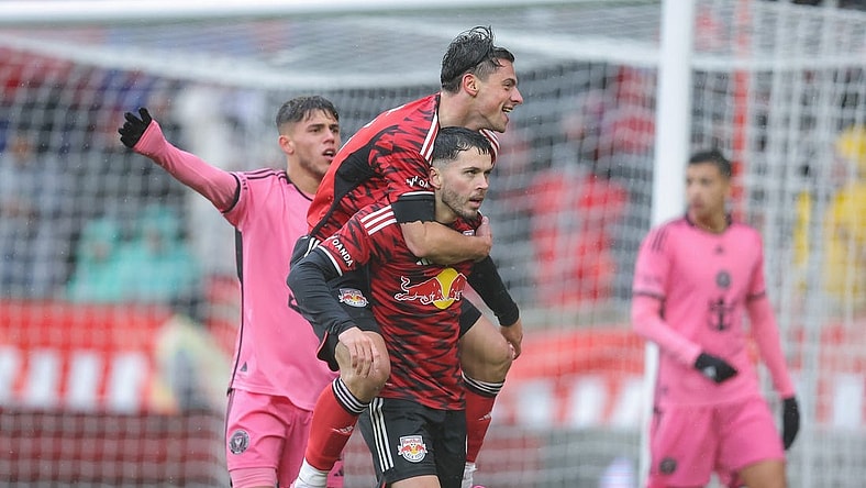 Mar 23, 2024; Harrison, New Jersey, USA; New York Red Bulls midfielder Lewis Morgan (9) celebrates his goal with forward Dante Vanzeir (13) in the second half against Inter Miami CF at Red Bull Arena. Mandatory Credit: Brad Penner-USA TODAY Sports
