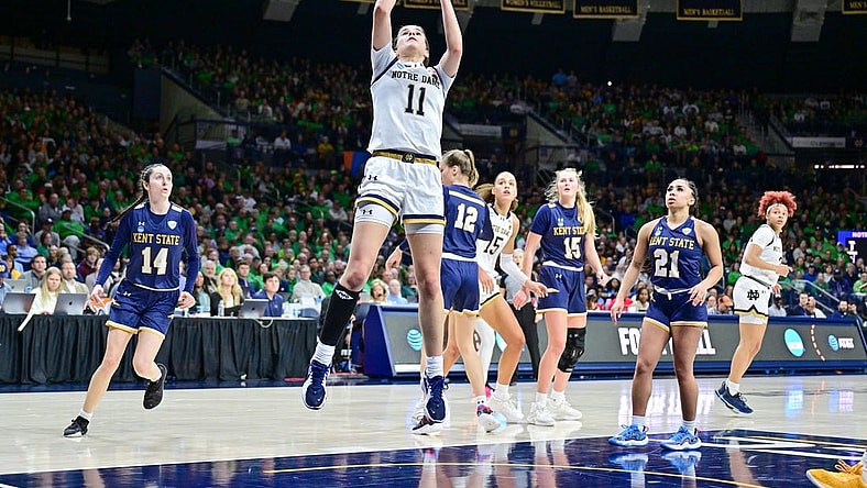 Mar 23, 2024; South Bend, Indiana, USA; Notre Dame Fighting Irish guard Sonia Citron (11) goes up for a shot in the second half against the Kent State Golden Flashes at the Purcell Pavilion. Mandatory Credit: Matt Cashore-USA TODAY Sports