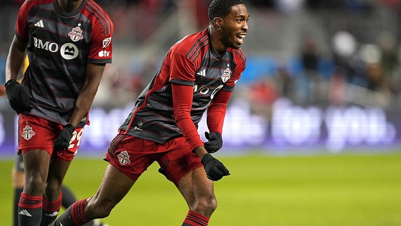 Mar 23, 2024; Toronto, Ontario, USA; Toronto FC forward Tyrese Spicer (16) celebrates his goal against Atlanta United at BMO Field. Mandatory Credit: Nick Turchiaro-USA TODAY Sports