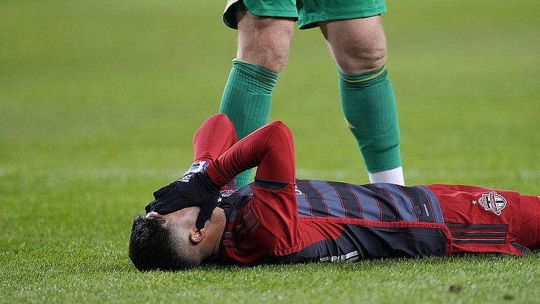Mar 23, 2024; Toronto, Ontario, USA; Toronto FC forward Lorenzo Insigne (24) injury against Atlanta United at BMO Field. Mandatory Credit: Nick Turchiaro-USA TODAY Sports