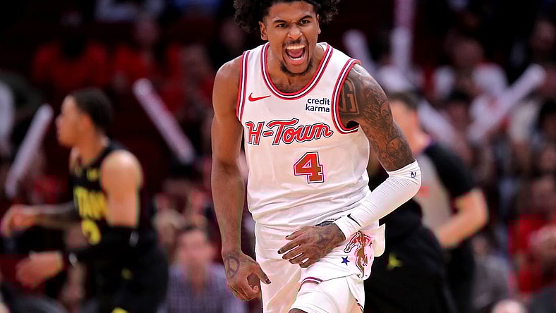 Mar 23, 2024; Houston, Texas, USA; Houston Rockets guard Jalen Green (4) reacts after a made basket against the Utah Jazz during the first quarter at Toyota Center. Mandatory Credit: Erik Williams-USA TODAY Sports