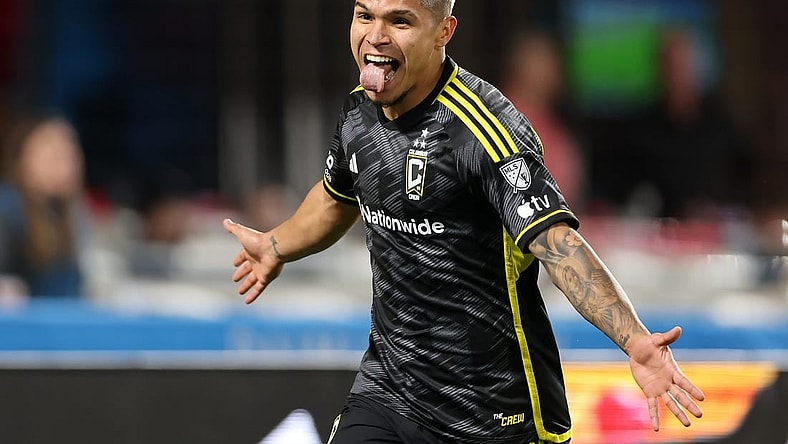 Mar 23, 2024; Charlotte, North Carolina, USA; Columbus Crew forward Cucho Hernandez (9) reacts after scoring a goal that was later overturned to keep scoreless against Charlotte FC at Bank of America Stadium. Mandatory Credit: Cory Knowlton-USA TODAY Sports