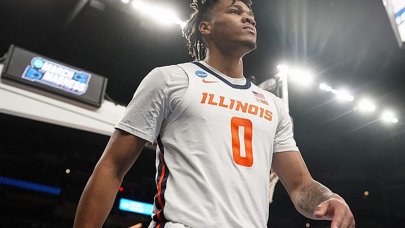 Mar 23, 2024; Omaha, NE, USA; Illinois Fighting Illini guard Terrence Shannon Jr. (0) looks on against the Duquesne Dukes during the second half in the second round of the 2024 NCAA Tournament at CHI Health Center Omaha. Mandatory Credit: Dylan Widger-USA TODAY Sports