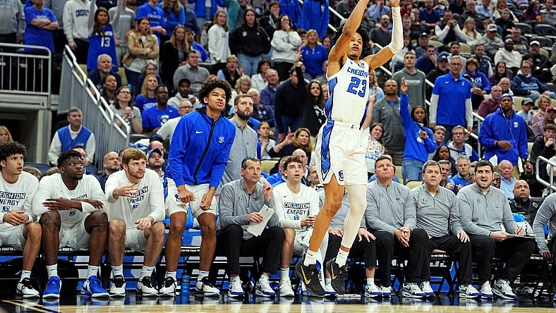 Mar 23, 2024; Pittsburgh, PA, USA; Creighton Bluejays guard Trey Alexander (23) shoots the ball during the second half of the game against the Oregon Ducks in the second round of the 2024 NCAA Tournament at PPG Paints Arena. Mandatory Credit: Gregory Fisher-USA TODAY Sports