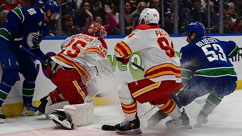Mar 23, 2024; Vancouver, British Columbia, CAN; Vancouver Canucks forward Nils Aman (88) checks Calgary Flames goaltender Jacob Markstrom (25) during the first period at Rogers Arena. Mandatory Credit: Simon Fearn-USA TODAY Sports
