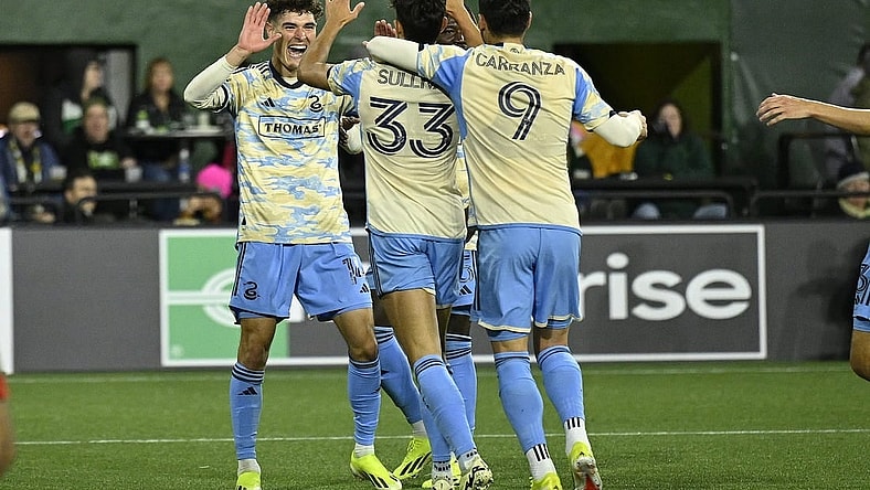 Mar 23, 2024; Portland, Oregon, USA; Philadelphia Union midfielder Quinn Sullivan (33) reacts after scoring a goal against the Portland Timbers in the second half at Providence Park. Mandatory Credit: Troy Wayrynen-USA TODAY Sports