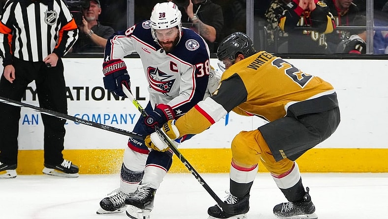 Mar 23, 2024; Las Vegas, Nevada, USA; Vegas Golden Knights defenseman Zach Whitecloud (2) breaks up a scoring attempt during the first period at T-Mobile Arena. Mandatory Credit: Stephen R. Sylvanie-USA TODAY Sports
