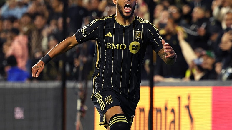 Mar 23, 2024; Los Angeles, California, USA; LAFC forward Denis Bouanga (99) celebrates his goal against Nashville SC during the first half at BMO Stadium. Mandatory Credit: Kiyoshi Mio-USA TODAY Sports