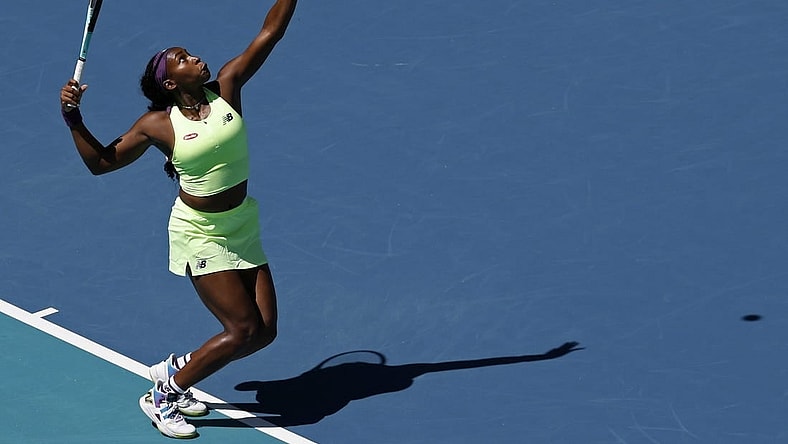 Mar 24, 2024; Miami Gardens, FL, USA; Coco Gauff (USA) serves against Ocean Dodin (FRA) (not pictured) on day seven of the Miami Open at Hard Rock Stadium. Mandatory Credit: Geoff Burke-USA TODAY Sports