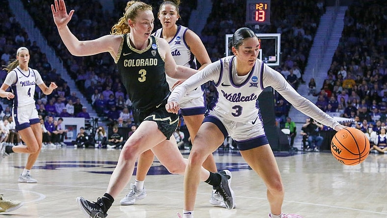 Mar 24, 2024; Manhattan, Kansas, USA; Kansas State Wildcats guard Jaelyn Glenn (3) dribbles against Colorado Buffaloes guard Frida Formann (3) during the first quarter at Bramlage Coliseum. Mandatory Credit: Scott Sewell-USA TODAY Sports