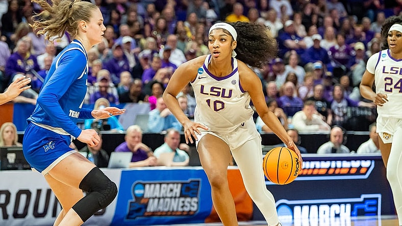 Angel Reese 10 drives to the basket as The LSU Tigers take on the Middle Tennessee Blue Raiders in the second round of the 2024 NCAA Tournament in Baton Rouge, LA at the Pete Maravich Assembly Center. Sunday, March 24, 2024.