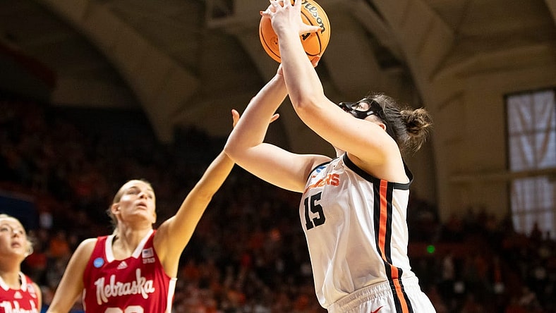 Oregon State forward Raegan Beers goes up for a shot as the Oregon State Beavers take on the Nebraska Huskers in the second round of the NCAA Tournament Sunday, March 24, 2024, at Gill Coliseum in Corvallis, Ore.