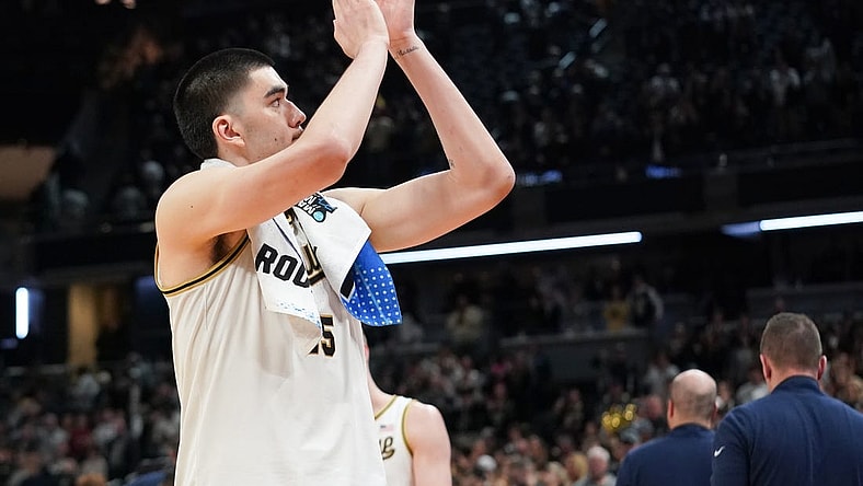Mar 24, 2024; Indianapolis, IN, USA; Purdue Boilermakers center Zach Edey (15) thanks the fans after a victory against the Utah State Aggies at Gainbridge FieldHouse. Mandatory Credit: Robert Goddin-USA TODAY Sports