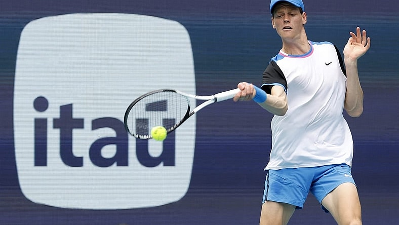 Mar 24, 2024; Miami Gardens, FL, USA; Jannik Sinner (ITA) hits a forehand against Tallon Griekspoor (NED)(not pictured) on day seven of the Miami Open at Hard Rock Stadium. Mandatory Credit: Geoff Burke-USA TODAY Sports