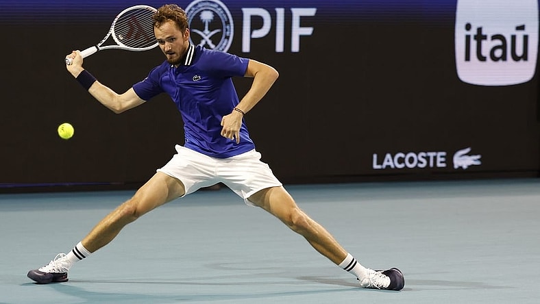 Mar 24, 2024; Miami Gardens, FL, USA; Daniil Medvedev hits a forehand against Cameron Norrie (GBR) (not pictured) on day seven of the Miami Open at Hard Rock Stadium. Mandatory Credit: Geoff Burke-USA TODAY Sports