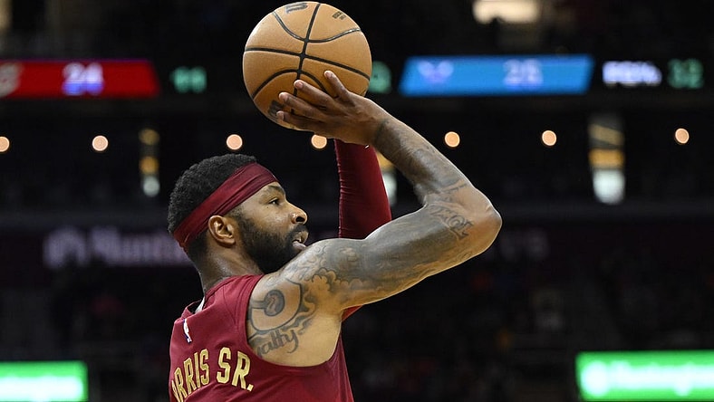 Mar 25, 2024; Cleveland, Ohio, USA; Cleveland Cavaliers forward Marcus Morris Sr. (24) shoots in the second quarter against the Charlotte Hornets at Rocket Mortgage FieldHouse. Mandatory Credit: David Richard-USA TODAY Sports