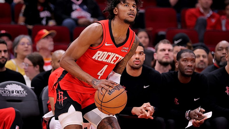 Mar 25, 2024; Houston, Texas, USA; Houston Rockets guard Jalen Green (4) takes a three-point shot against the Portland Trail Blazers during the first quarter at Toyota Center. Mandatory Credit: Erik Williams-USA TODAY Sports