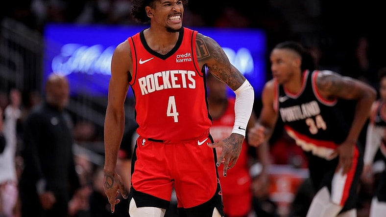 Mar 25, 2024; Houston, Texas, USA; Houston Rockets guard Jalen Green (4) reacts after a basket against the Portland Trail Blazers during the fourth quarter at Toyota Center. Mandatory Credit: Erik Williams-USA TODAY Sports